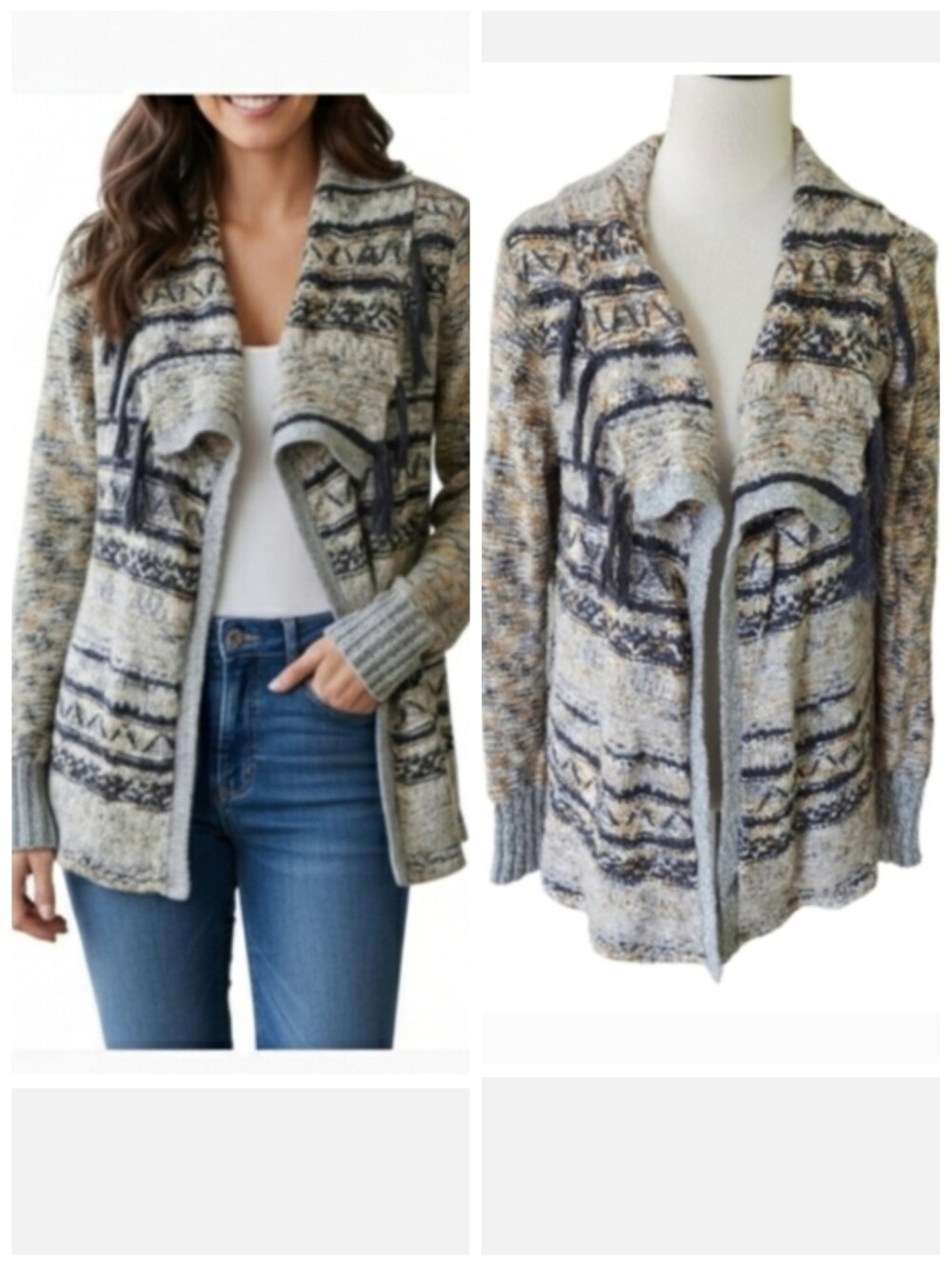 BKE women's striped alpaca wool open cardigan sweater with tassels size large